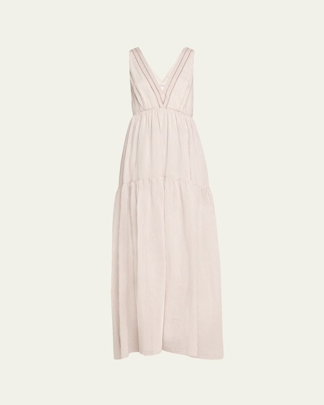 Cotton Silk Striped Maxi Dress with Ruffled Waist and Monili Detai
